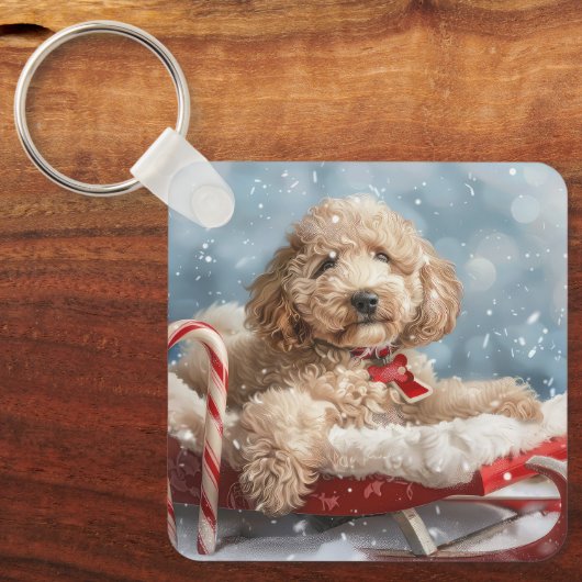 ゴルデンドゥードル犬のクリスマス  キーホルダー (正面)