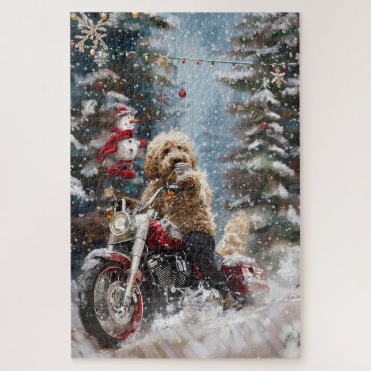 ゴルデンドゥードル犬のバイククリスマス ジグソーパズル (縦)