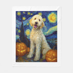 ゴルデンドゥードル かわいい犬 ハロウィン ジャックオーランタン かぼちゃ フリースブランケット