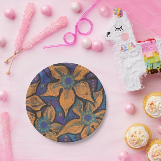 ゴルドフラワーオレンジパープルフローラアト絵画ルズ ペーパープレート (パーティー)