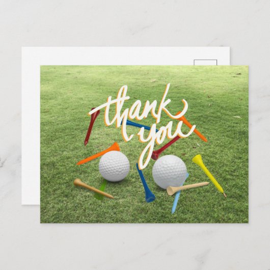 ゴルフありがとうゴルフボールとグリーン上のティー ポストカード (正面/裏面)