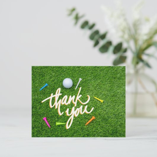 ゴルフありがとうボールとカラフルティーで緑 ポストカード (スタンド正面)