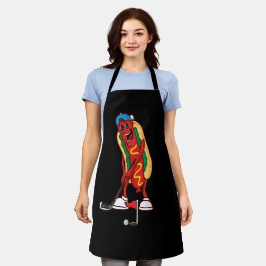 ゴルフおもしろいホットドッグゴルフかわいいゴルファーミームスポーツ エプロン (着用した状態)