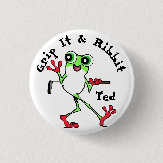 ゴルフでつかんでカエルをおもしろい引っ張るパーソナライズされた 缶バッジ (正面)