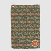 ゴルフと魚釣りブルックトラウオレンジグレーグリーン ゴルフタオル (正面)