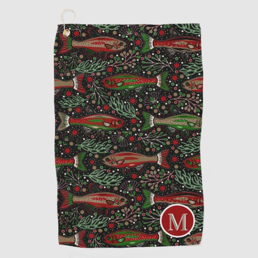 ゴルフと魚釣りブルックトラウト赤グリーングレー ゴルフタオル (正面)