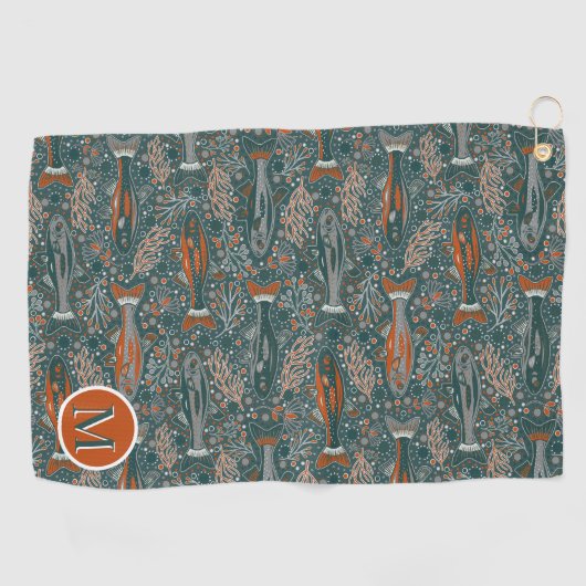 ゴルフと魚釣りブルックトラウブルーオレンジグレー ゴルフタオル (横)