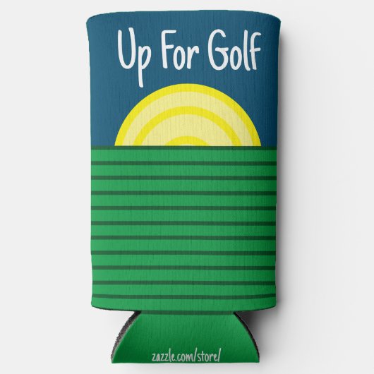 「ゴルフに行くんだ」 おもしろい引用文。青と白 スリム缶クーラー (正面)