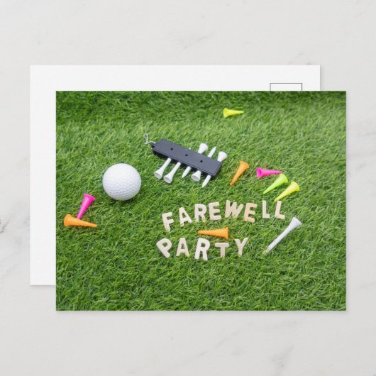 ゴルフのお別れパーティー(緑の草の上にゴルフボールを置く) ポストカード (正面/裏面)