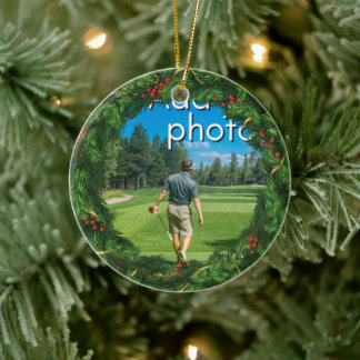 ゴルフのクリスマスリースあなたの写真を赤に追加 セラミックオーナメント
