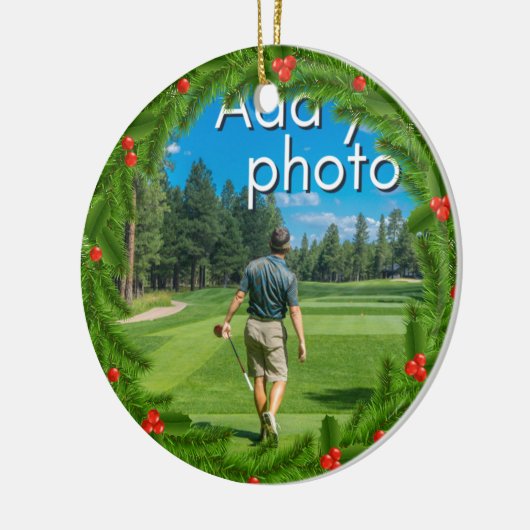 ゴルフのクリスマスリースあなたの写真を赤に追加 セラミックオーナメント (左)