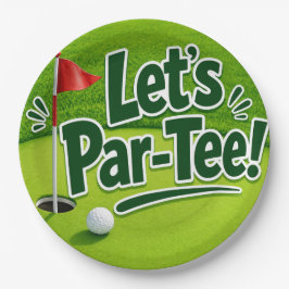 ゴルフのグリーンと白地にゴルフフラグがデザインされた「Golf Let’s Par tee」デザイン ペーパープレート