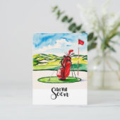 ゴルフのゴルフバッグとパッティンググリーンでの回復を願う ポストカード (スタンド正面)