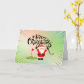 ゴルフのサンタがゴルフをしながらクリスマスをお祝い カード (黄色い花)