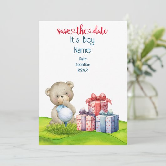 ゴルフのテディベアそれはゴルファーのための男の子のベビー 招待状 (スタンド正面)