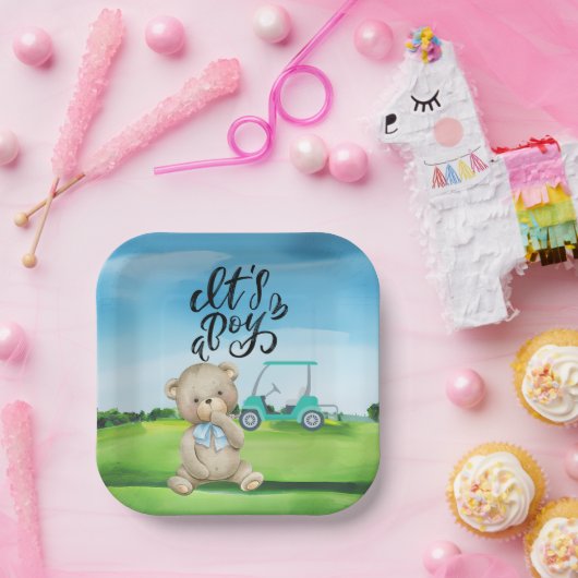 ゴルフのテディベア赤ちゃんシャワーの少年 ペーパープレート (パーティー)