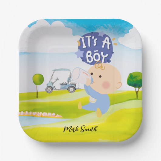 ゴルフのテディベア赤ちゃんシャワーの少年 ペーパープレート (正面)