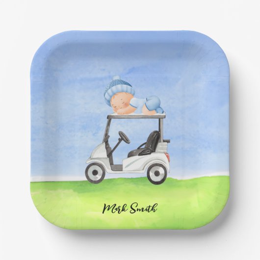 ゴルフのテディベア赤ちゃんシャワーの少年 ペーパープレート (正面)