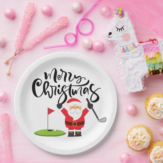 ゴルフのフラッグでサンタゴルファーとゴルフクリスマスプレゼント ペーパープレート (パーティー)