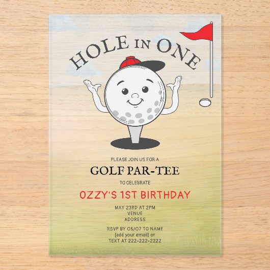 ゴルフのホールインワン 1歳の誕生日パーティー アクリル招待状 (正面)