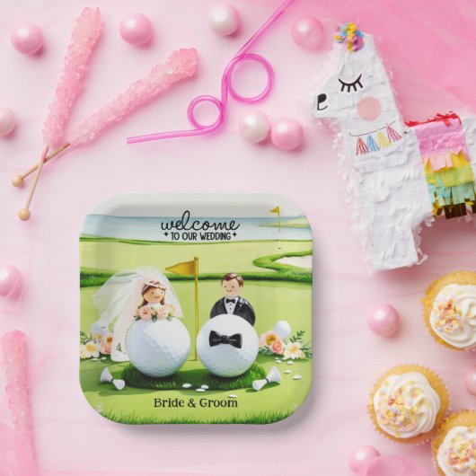 ゴルフのボール新郎新婦ようこそ私たち結婚の ペーパープレート (パーティー)