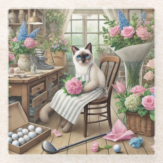 ゴルフのレディーゴルファーが猫好きをテーマにした ガラスコースター (正面)