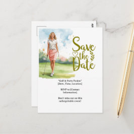 ゴルフの女性ゴルファーがグリーンでプレーしている様子 ポストカード