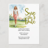 ゴルフの女性ゴルファーがグリーンでプレーしている様子 ポストカード (正面)