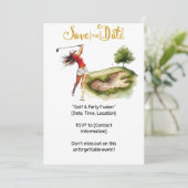 ゴルフの女性ゴルファーがグリーン上でゴルフをしている様子 招待状 (スタンド正面)