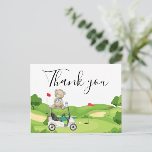 ゴルフの子供のためのサンキューカード男の赤ちゃんテディベア ポストカード (スタンド正面)