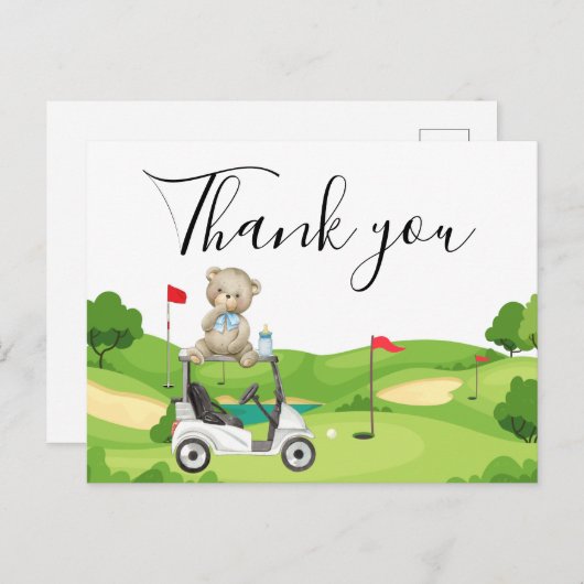 ゴルフの子供のためのサンキューカード男の赤ちゃんテディベア ポストカード (正面/裏面)