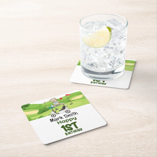 ゴルフの最初の誕生日1歳のゴルファーとカート スクエアペーパーコースター (インサイチュ)