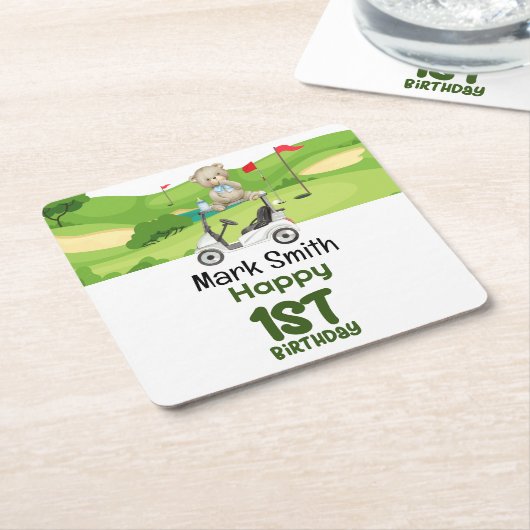 ゴルフの最初の誕生日1歳のゴルファーとカート スクエアペーパーコースター (アングル)