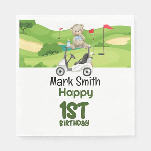 ゴルフの最初の誕生日1歳のゴルファーとカート スタンダードランチョンナプキン (正面)