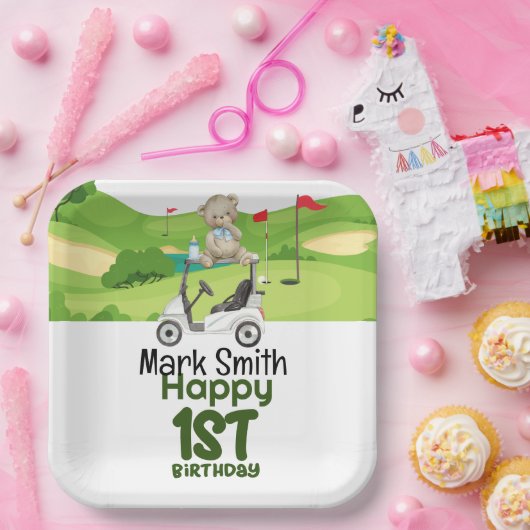 ゴルフの最初の誕生日1歳のゴルファーとカート ペーパープレート (パーティー)