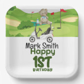 ゴルフの最初の誕生日1歳のゴルファーとカート ペーパープレート (正面)