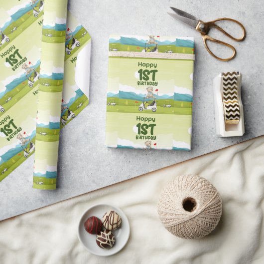 ゴルフの最初の誕生日1歳のゴルファーとカート ラッピングペーパー (クラフト)