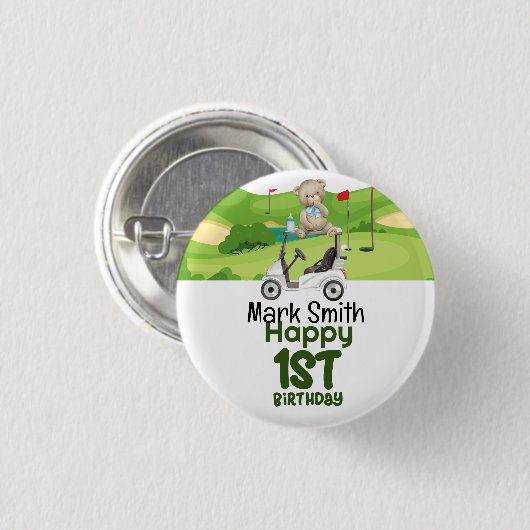 ゴルフの最初の誕生日1歳のゴルファーとカート 缶バッジ (正面&裏面)