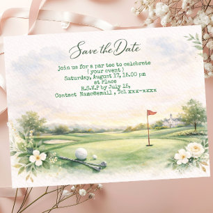 ゴルフの節目にゴルフボールがパッティンググリーンにある「Save the Date」 ポストカード