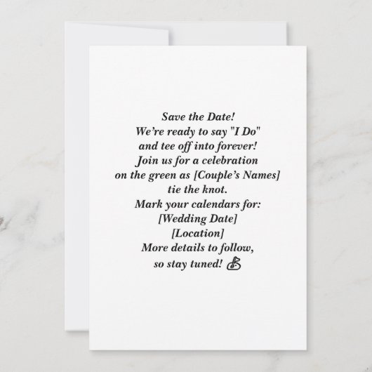 ゴルフの結婚式の日付を保存するゴルフのテーマ 招待状 (裏面)