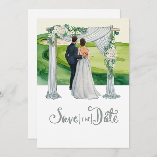 ゴルフの結婚式の日付を保存するゴルフのテーマ 招待状 (正面/裏面)