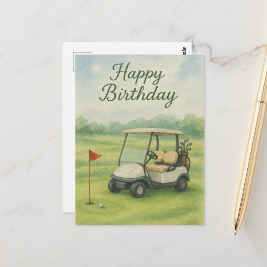 ゴルフの誕生日をテーマにしたゴルフカートの水彩画 ポストカード (正面/裏面インサイチュ)