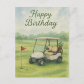 ゴルフの誕生日をテーマにしたゴルフカートの水彩画 ポストカード (正面)