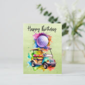 ゴルフの誕生日 カートの水彩画付き ポストカード (スタンド正面)