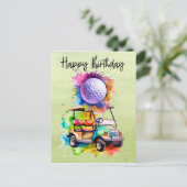ゴルフの誕生日　ゴルフカート　水彩画 ポストカード (スタンド正面)