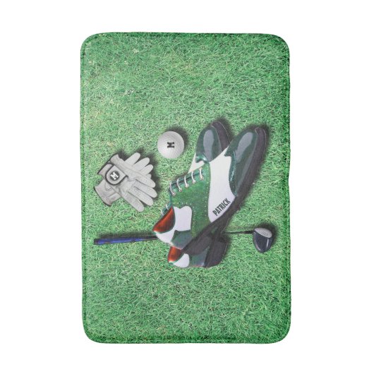 ゴルフはあなたの名前の球の手袋クラブ運転者に蹄鉄を打ちます バスマット (正面縦)
