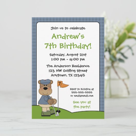 ゴルフをするくまの子供の誕生日のパーティの招待状 招待状 (スタンド正面)