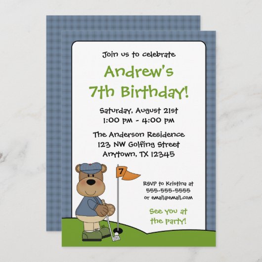 ゴルフをするくまの子供の誕生日のパーティの招待状 招待状 (正面/裏面)