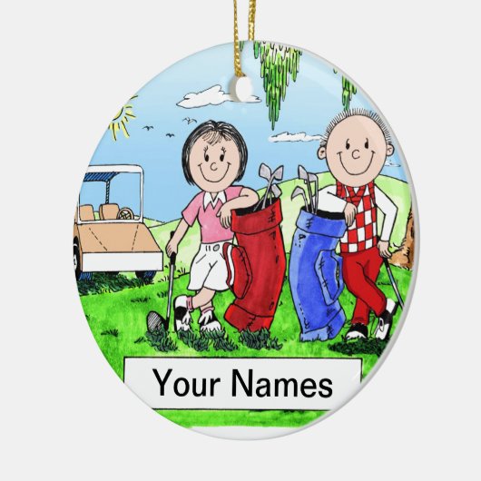 ゴルフをするカップル-パーソナライズな漫画のギフト セラミックオーナメント (左)