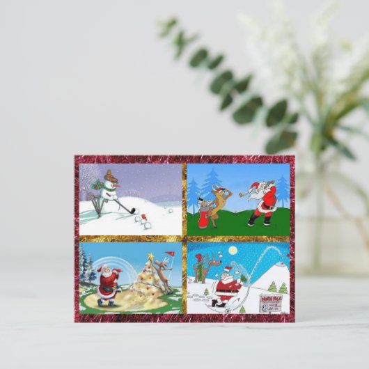 ゴルフをするサンタのポストカード ポストカード (スタンド正面)